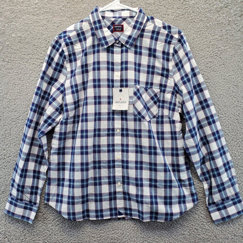 UNTUCKit Shirt Womens Blue White Plaid Check Casual Button Up Size‎ 12 New